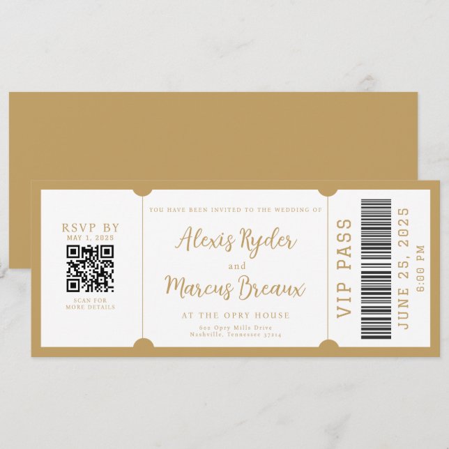 VIP Ticket Trendy Gold Wedding Einladung (Vorne/Hinten)