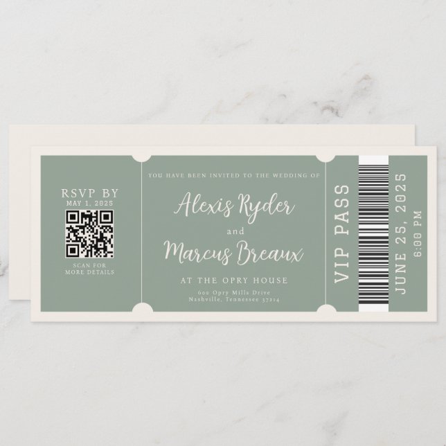 VIP Ticket Trendy Sage Wedding Einladung (Vorne/Hinten)