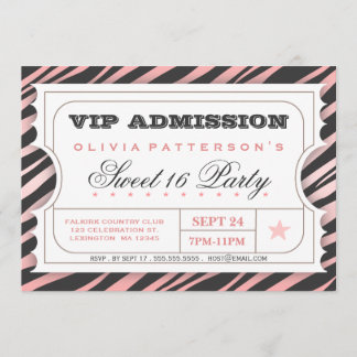 VIP Ticket Zebra Glam Sweet 16 Geburtstagsparty Ro Einladung