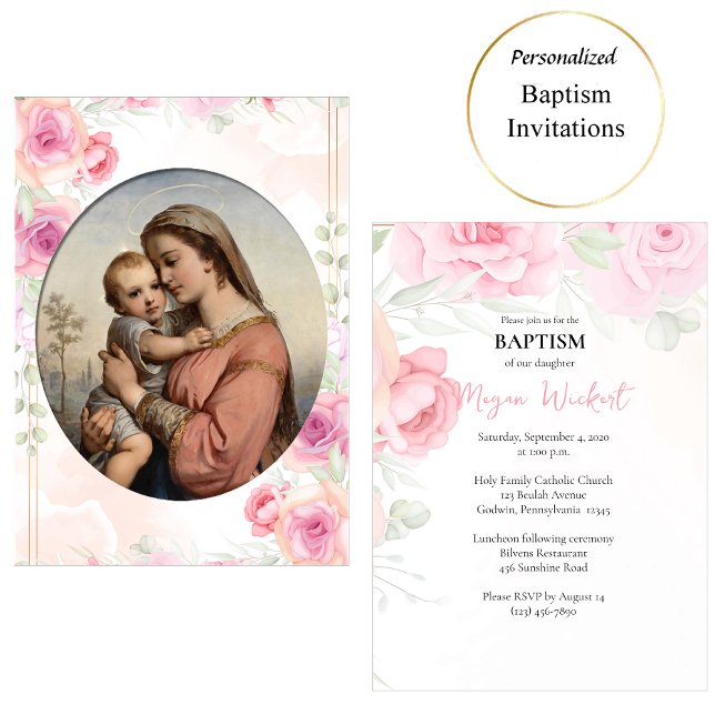 Virgin and Child Soft Pink Roses Catholic Baptism Einladung (Von Creator hochgeladen)