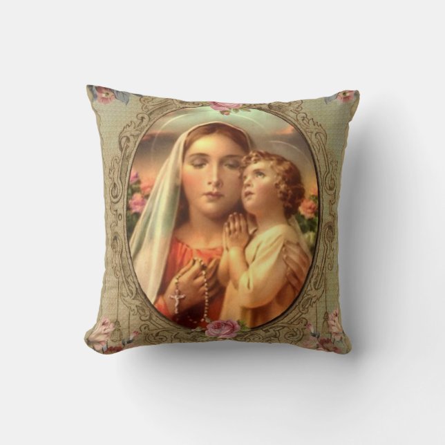 Virgin Mother Mary Baby Jesus Gold Rosary Roses Kissen (Vorderseite)