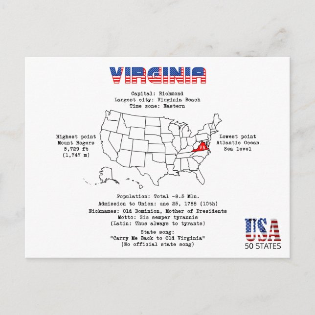 Virginia American Staat auf einer Karte und nützli (Vorderseite)