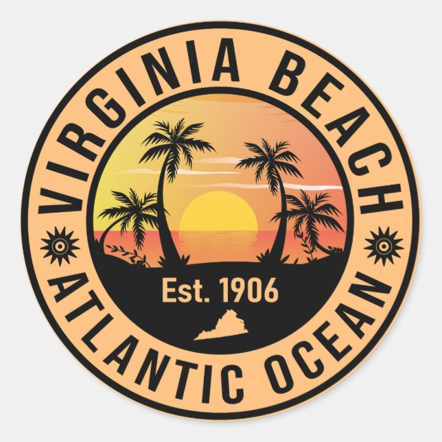 Virginia Beach Virginia Retro Sunset Souvenirs 60e Runder Aufkleber (Vorderseite)