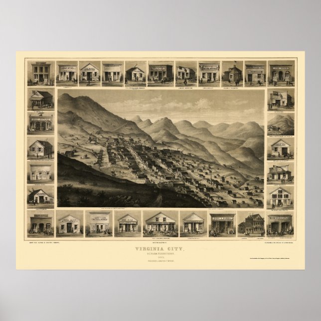 Virginia City, NV Panorama Karte - 1861 Poster (Vorne)