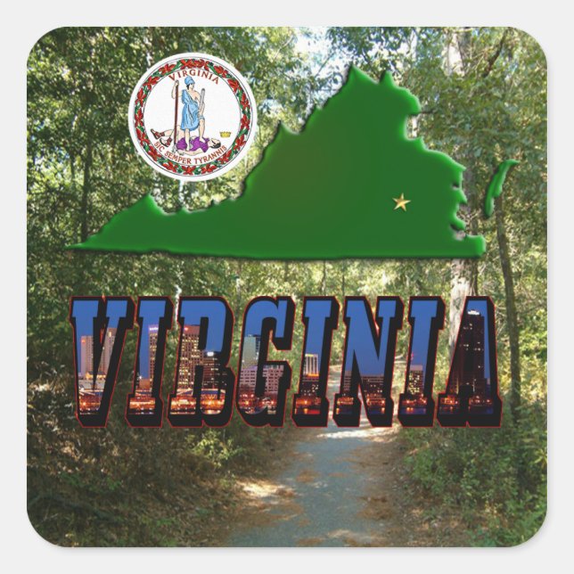 Virginia Map, Staat Siegel, Bildtext Quadratischer Aufkleber (Vorderseite)