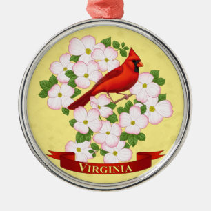Virginia Staat Kardinal Bird und Dogwood Blume Silbernes Ornament