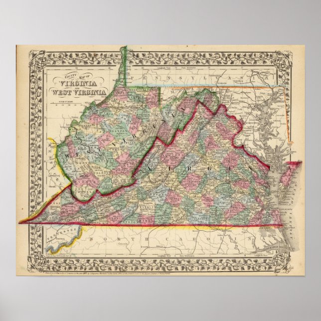 Virginia, W Virginia Karte von Mitchell Poster (Vorne)