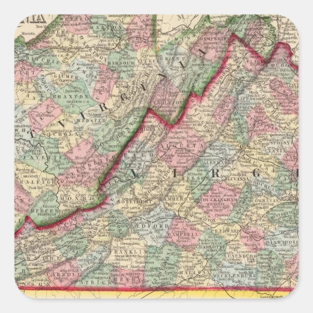 Virginia, W Virginia Karte von Mitchell Quadratischer Aufkleber (Vorderseite)