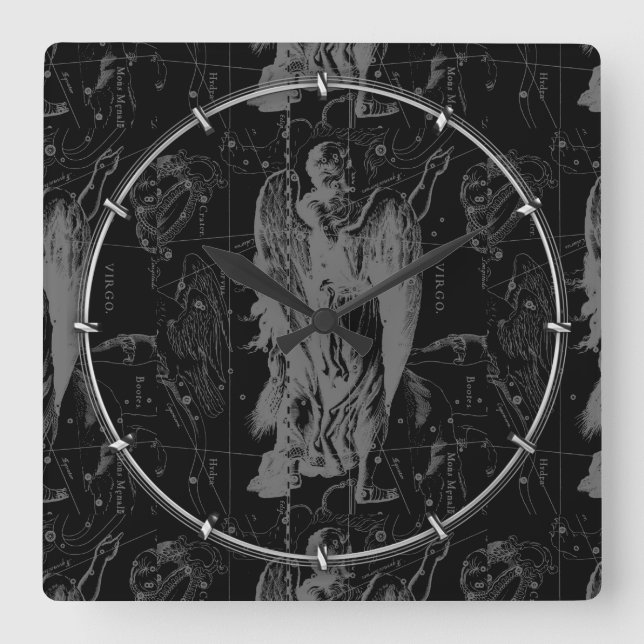 Virgo Constellation Hevelius 1690 on Black Quadratische Wanduhr (Vorderseite)