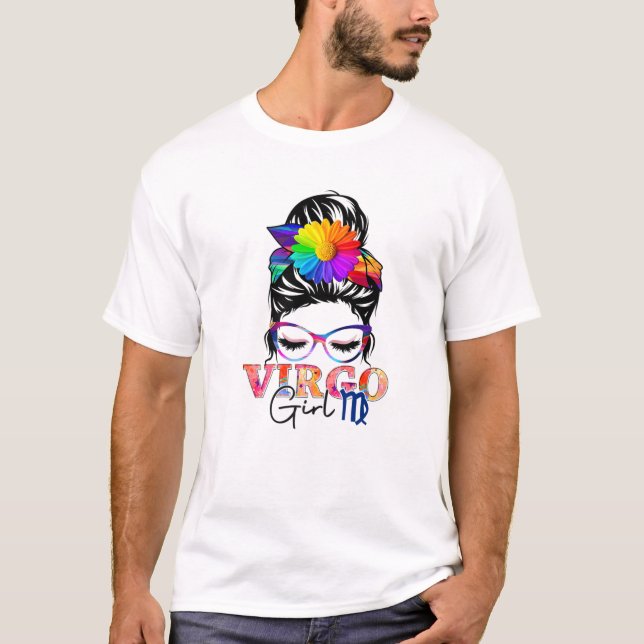 Virgo Girl Birthday Messy Bun Hair Farbenfroh T-Shirt (Vorderseite)