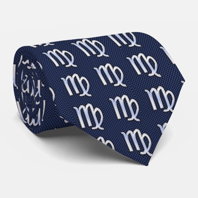 Virgo Sign auf Blue Carbon Fibre Print Style Krawatte (Gerollt)