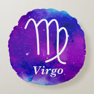 Virgo Symbol Lila Blauer Nebel Rundes Kissen