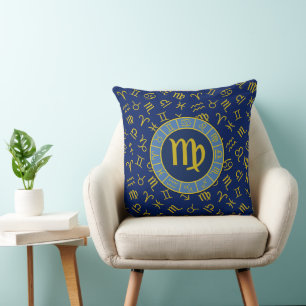 Virgo Zodiac+Astrologie Symbole Muster Gold+Blues Kissen