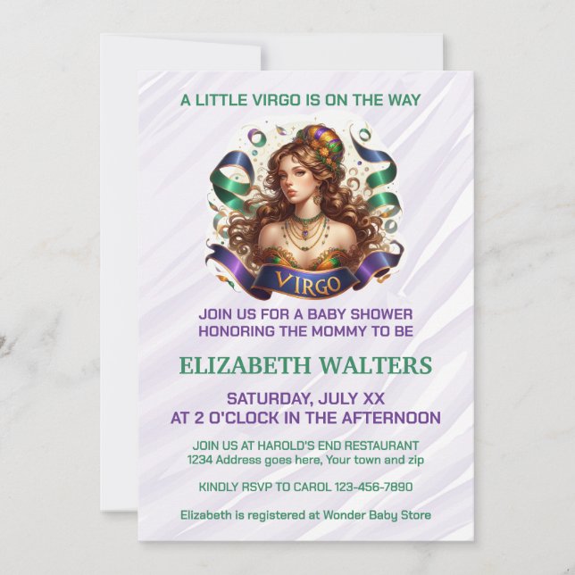 Virgo Zodiac Baby Shower Lavender and Green Einladung (Vorderseite)