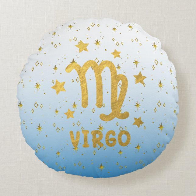 Virgo Zodiac Blue und Gold Round Pillow Rundes Kissen (Vorderseite)