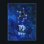 Virgo Zodiac Constellation Blue Galaxy Celestial Postkarte<br><div class="desc">Virgo Zodiac Constellation Blue Galaxy Celestial Design mit trendigem, gebürstetem Script-Schriftart, dunkelblauem himmlischem Aquarellhintergrund, leuchtender Sternkonstellation und dem Maiden-Symbol. Modernes Astrologisches Geburtszeichen Horoskop, ist perfekt für jeden Jungfrau Geburtstag Vom 23. bis 22. August ! Ein tolles Geschenk für Junge und Mädchen, Familienmitglieder, Teens, Ehefrau, Ehemann, Freunde und Astrologie Lover. Cosmic...</div>