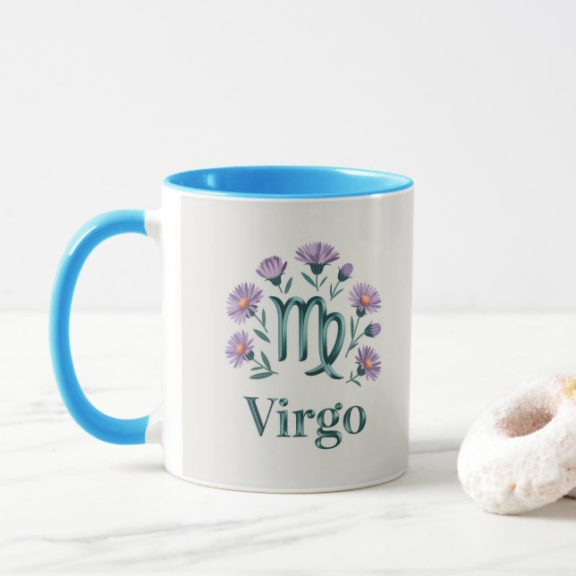 Virgo Zodiac Glyph Aster Flowers Mug Tasse (Mit Donut)