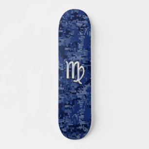 Virgo Zodiac Sign auf Blue Digital Camouflage Skateboard