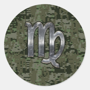 Virgo Zodiac Sign auf Green Digital Camouflage Sty Runder Aufkleber