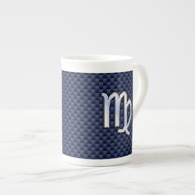 Virgo Zodiac Sign auf Navy Blue Carbon Fibre Style Prozellantasse (Vorderseite Rechts)