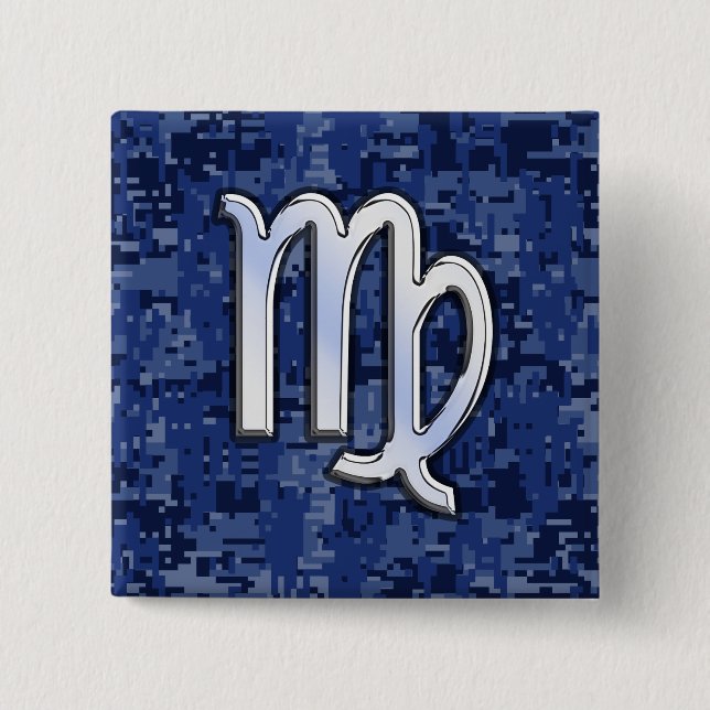 Virgo Zodiac Sign auf Navy Blue Digital Camouflage Button (Vorderseite)