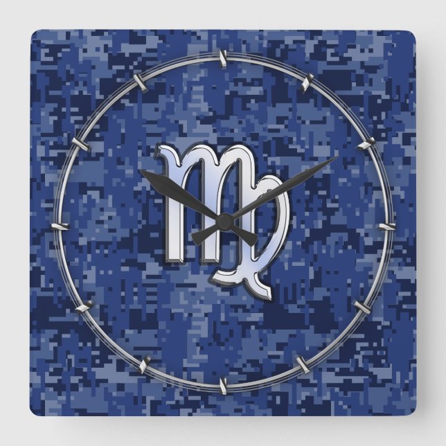Virgo Zodiac Sign on Navy Blue Digital Camo Decor Quadratische Wanduhr (Vorderseite)
