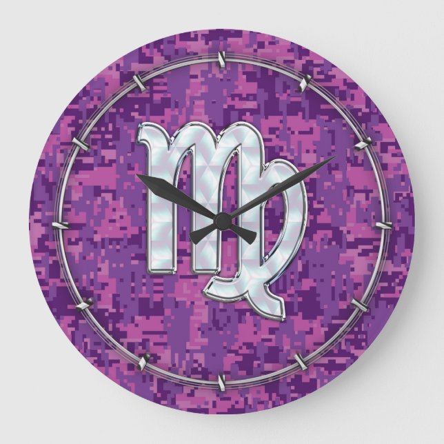 Virgo Zodiac Sign on Pink Digital Tarnung Große Wanduhr (Vorderseite)