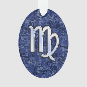 Virgo Zodiac Silver Sign on Navy Blue Digital Camo