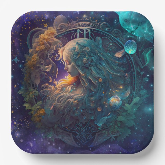 Virgo Zodiac Zeichenwasser-Farbe Design Pappteller (Vorderseite)