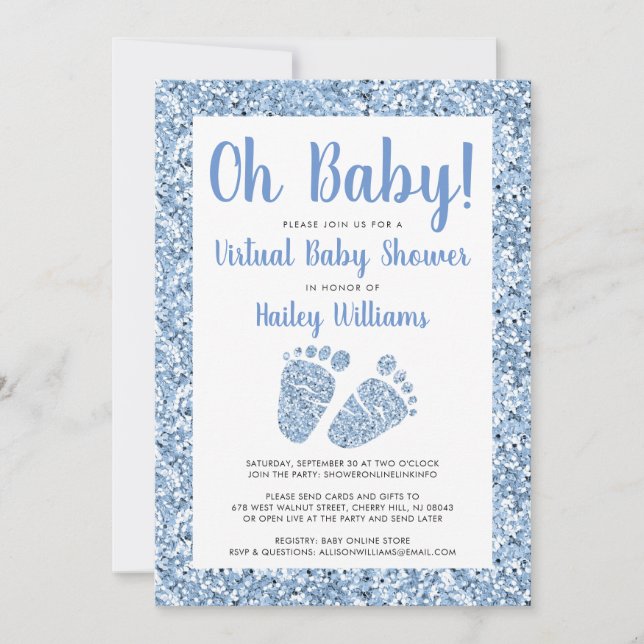 Virtual Baby Boy Dusche Oh Baby Blue Glitzer Feet Einladung (Vorderseite)