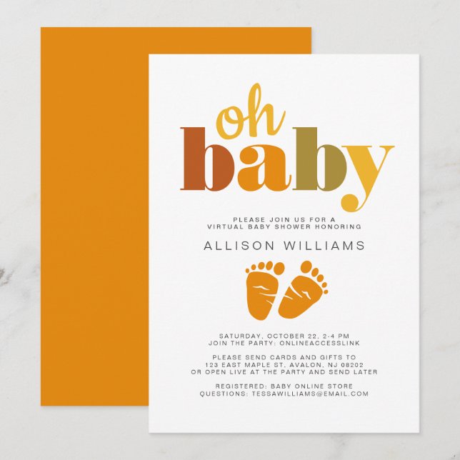 Virtual Baby Boy Dusche Orange Green Typografie Einladung (Vorne/Hinten)