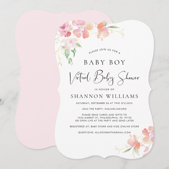 Virtual Baby Boy Dusche Pink Floral Watercolor Einladung (Vorne/Hinten)