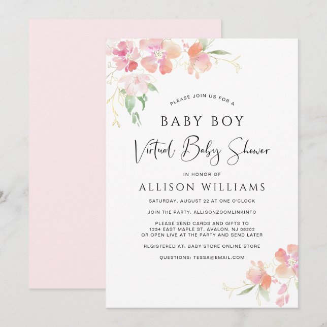 Virtual Baby Boy Dusche Pink Floral Watercolor Einladung (Vorne/Hinten)