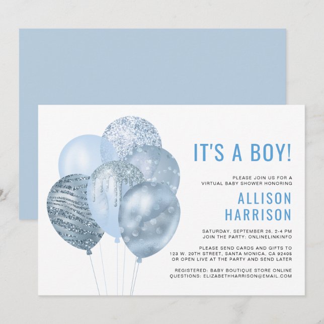 Virtual Baby Boy Shower Balloons Blue Glitzer Einladung (Vorne/Hinten)