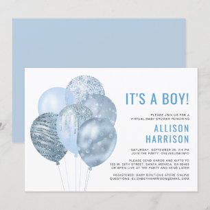Virtual Baby Boy Shower Balloons Blue Glitzer Einladung
