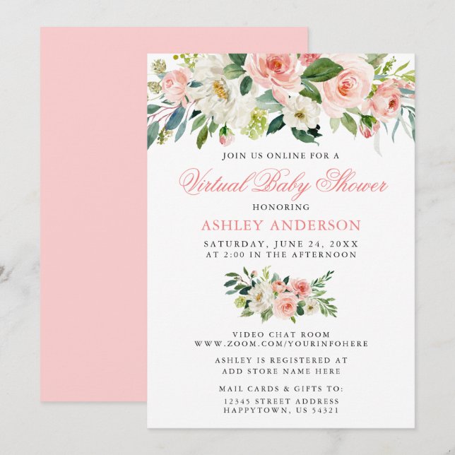 Virtual Baby Dusche Aquarell Blumenrosa Einladung (Vorne/Hinten)