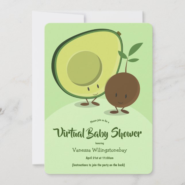 Virtual Baby Dusche Avocado und Pit Cartoon Einladung (Vorderseite)