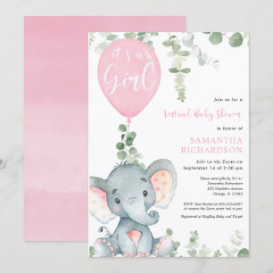 Virtual baby Dusche Elefant rosa Ballons Mädchen Einladung