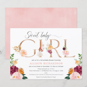 Virtual baby Dusche Girl Rose gold bordeauxrot Einladung