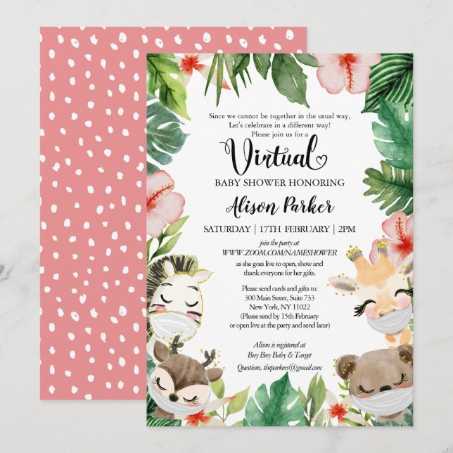 Virtual Baby Dusche | Masked Jungle Safari Friends Einladung (Vorne/Hinten)