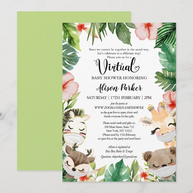Virtual Baby Dusche | Masked Jungle Safari Friends Einladung (Vorne/Hinten)