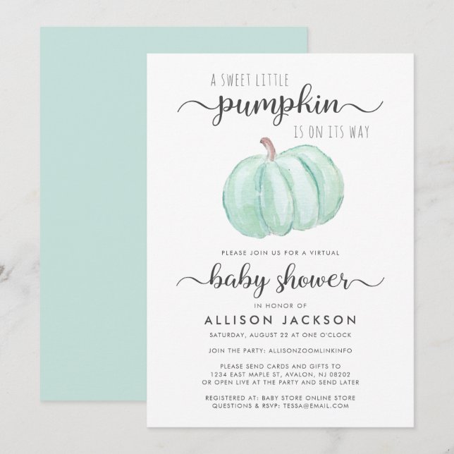 Virtual Baby Dusche Mint Pumpkin Wasserfarbe Einladung (Vorne/Hinten)