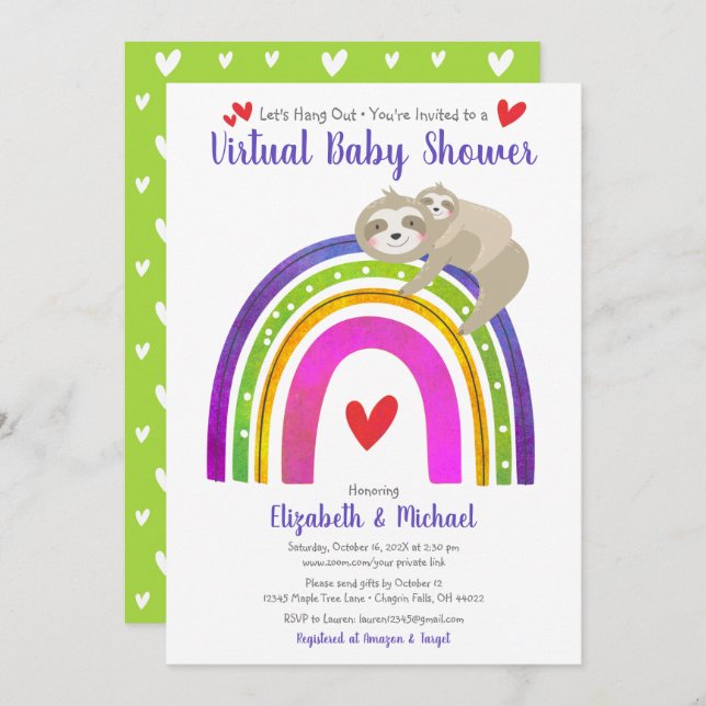 Virtual Baby Dusche Niedlich Sloth Boho Rainbow Mo Einladung (Vorne/Hinten)