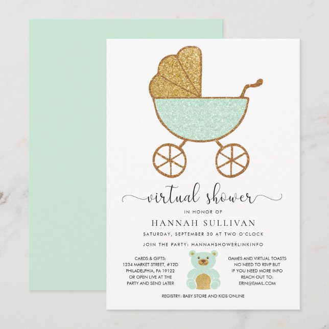 Virtual Baby Dusche Retro Carriage Glitzer Minze Einladung (Vorne/Hinten)