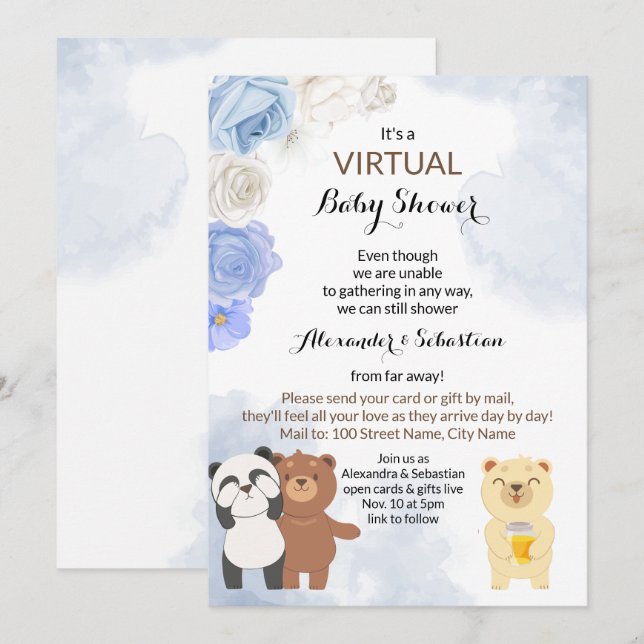 Virtual Baby Dusche Teddy Bears Einladung (Vorne/Hinten)