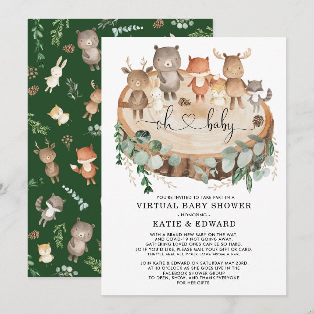 Virtual Baby Duwer Greenery Woodland Tiere Einladung (Vorne/Hinten)