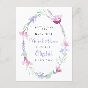 Virtual Baby Girl Dusche Lila florale Wasserfarbe Einladungspostkarte