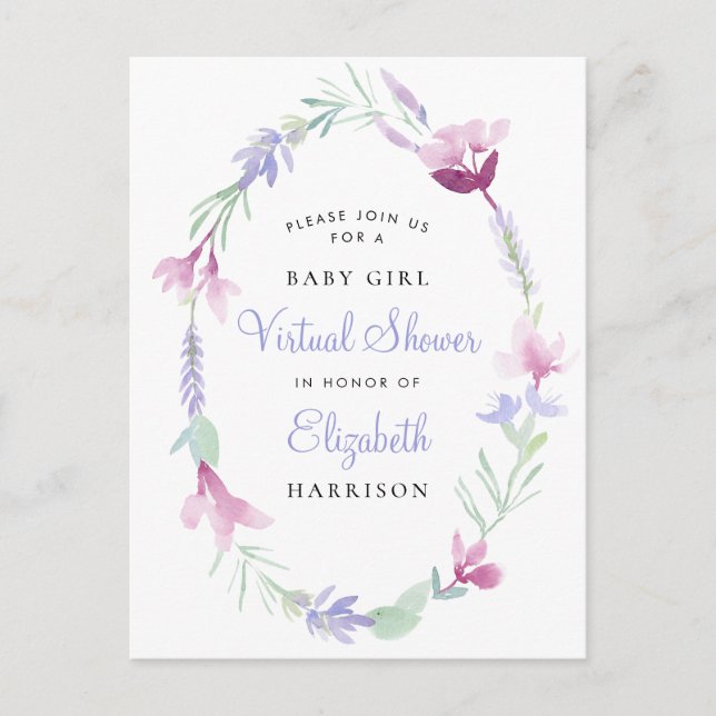 Virtual Baby Girl Dusche Lila florale Wasserfarbe Einladungspostkarte (Vorderseite)