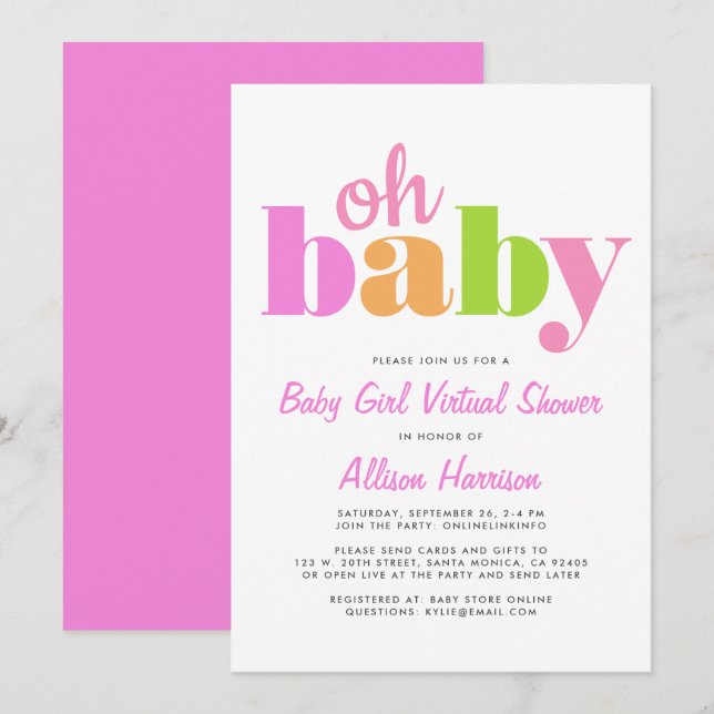 Virtual Baby Girl Dusche Oh Baby Bright Pink Einladung (Vorne/Hinten)