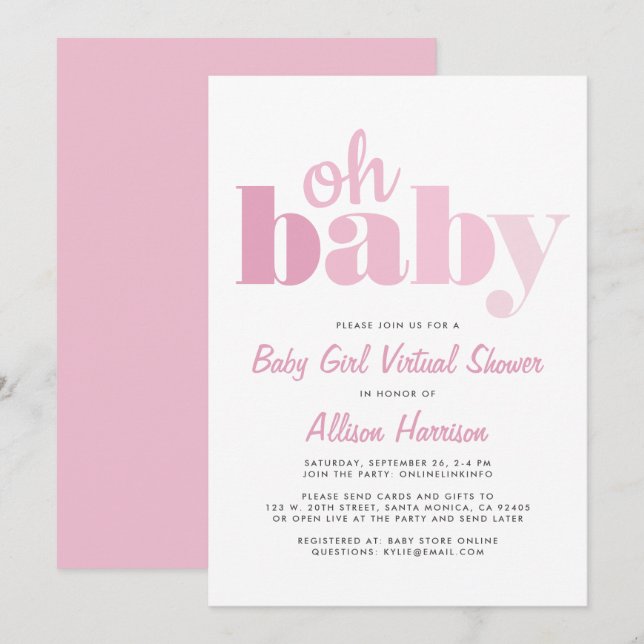 Virtual Baby Girl Dusche Oh Baby Pink Einladung (Vorne/Hinten)